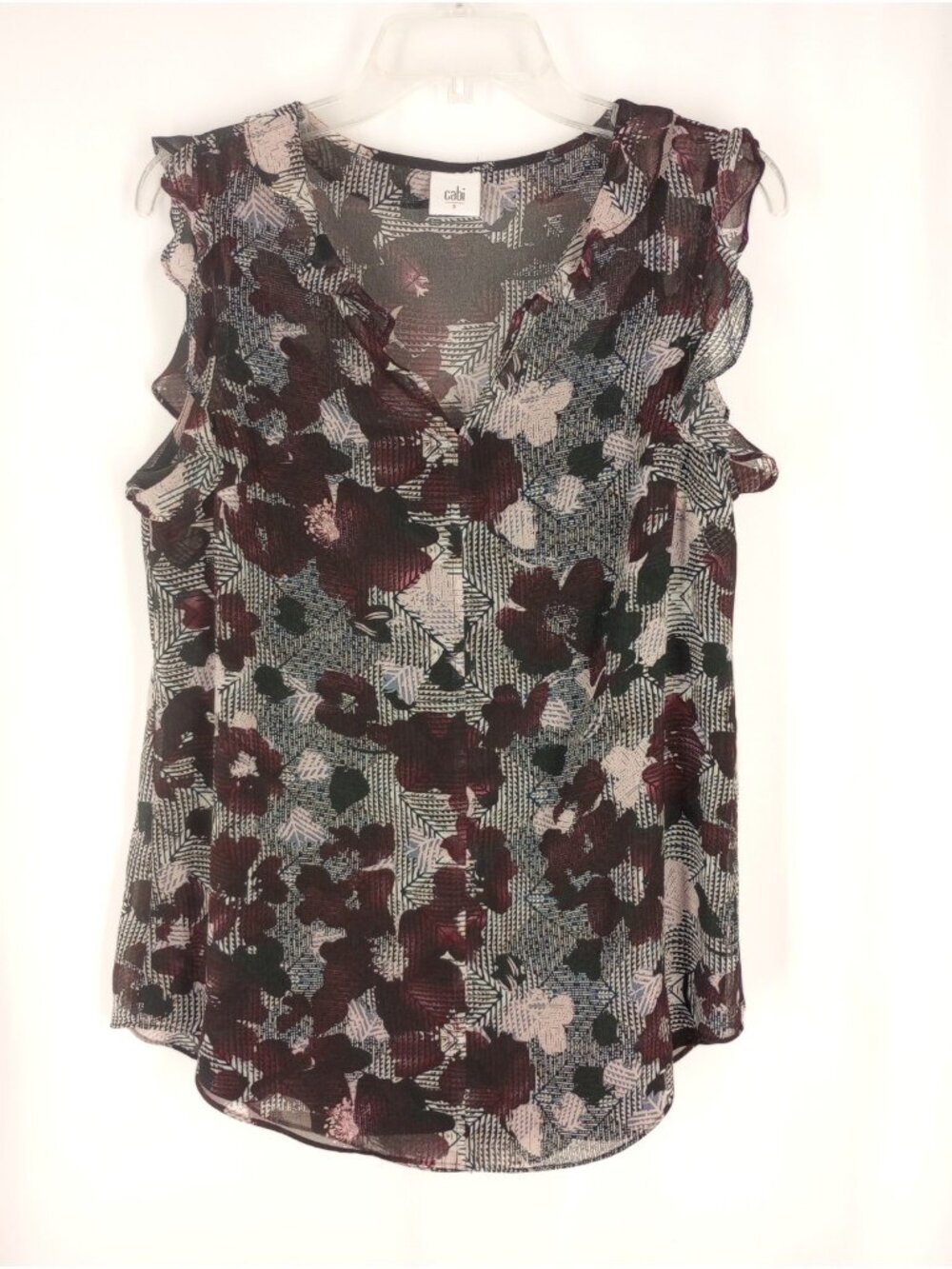 CAbi Floral Weaver Tank Top Blouse S Ruffle Sleeveless Chiffon Plum Black #3618